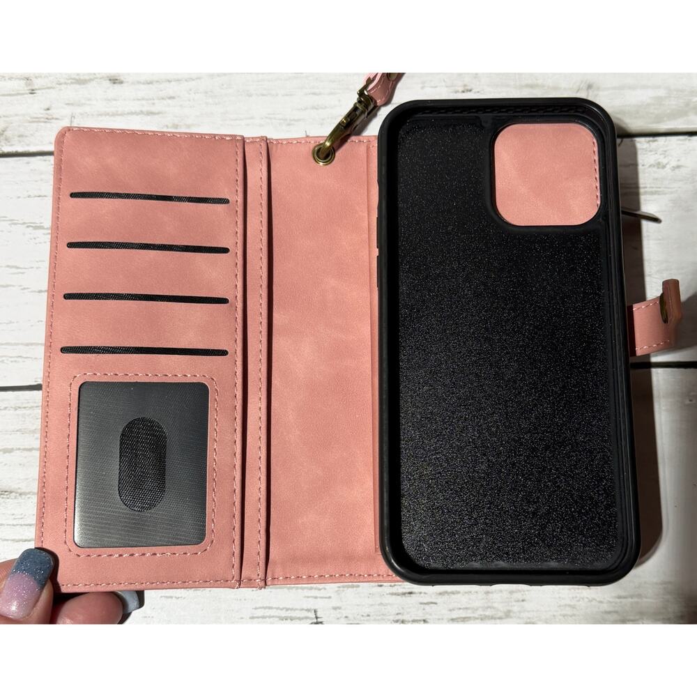 Pink PU Leather Wristlet Wallet Case For iPhone 13 Pro Max